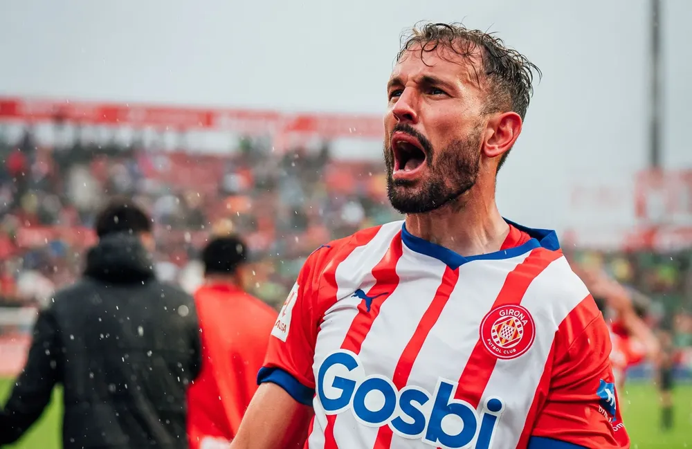 Stuani celebra el gol que le dio la victoria al Girona contra el Betis