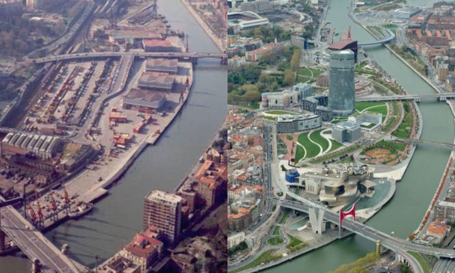 Barrio de Abandoibarra en Bilbao antes y después de las obras de renovación de la ciudad