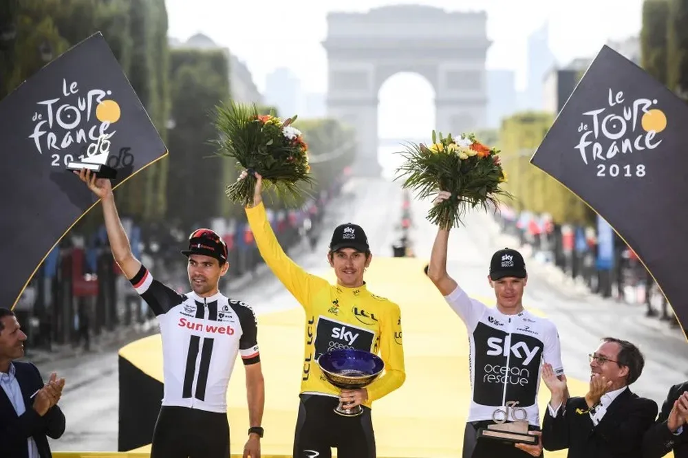 Dumoulin, Thomas y Froome en el podio final del Tour 2018