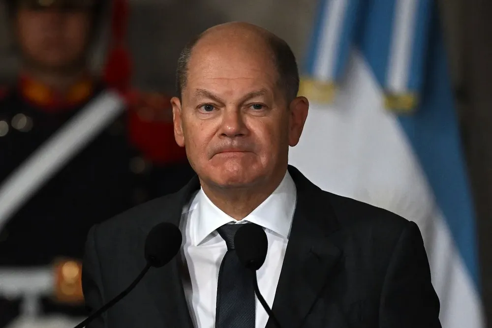 El canciller alemán Olaf Scholz durante la conferencia de prensa conjunta con el presidente de Argentina, Alberto Fernández (fuera de plano), en el palacio San Martin; Buenos Aires, el 28 de enero de 2023