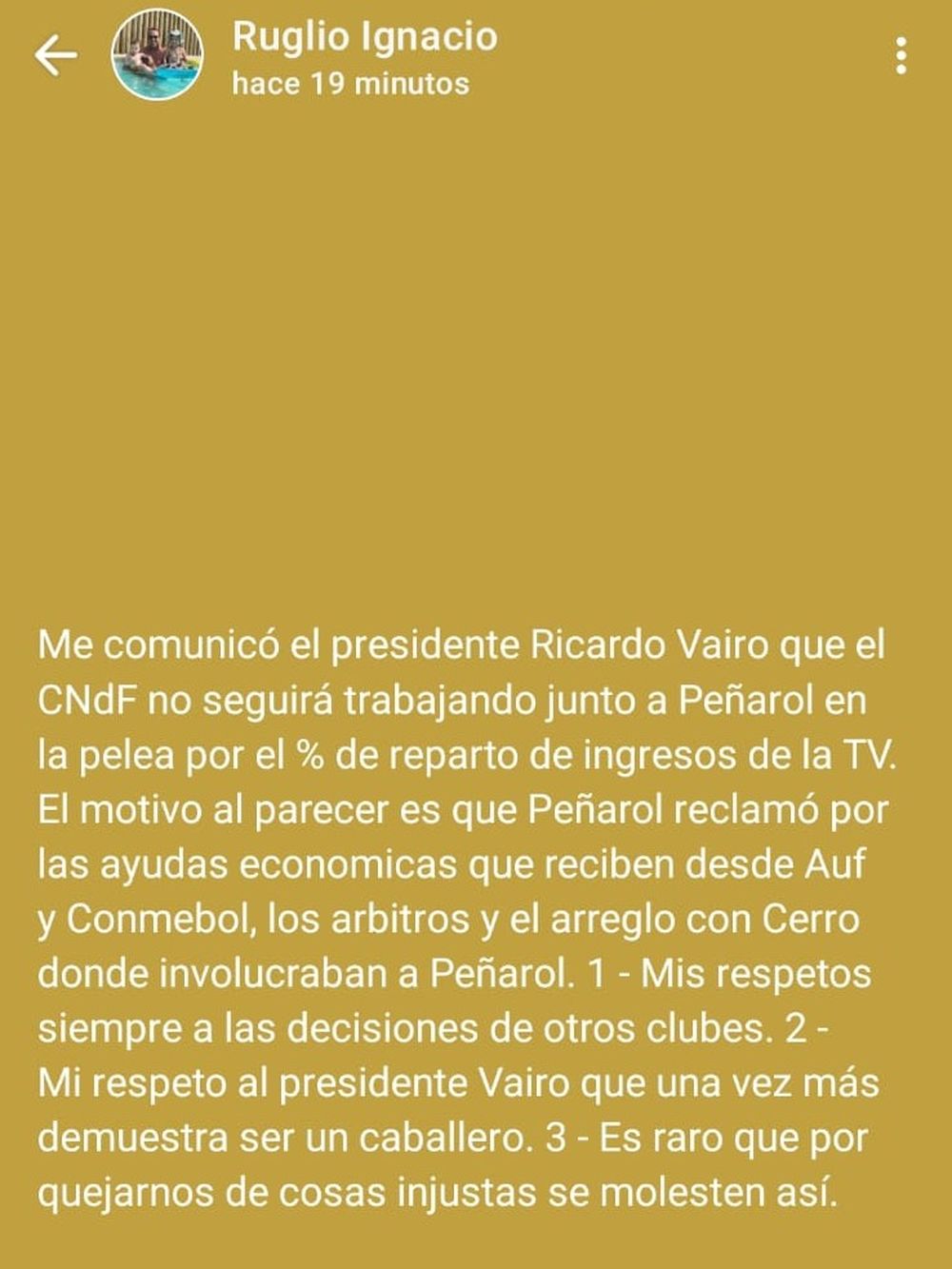 El posteo de Ignacio Ruglio, presidente de Peñarol, sobre el llamado de Ricardo Vairo, titular de Nacional