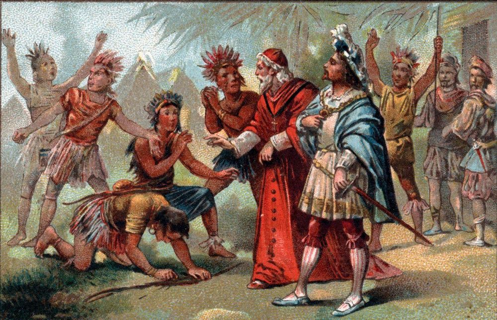 Imagen obtenida a través de la cromolitografía en el siglo XIX que retrata un encuentro del fraile dominico español Bartolomé de las Casas (1484-1566) con indígenas en América.