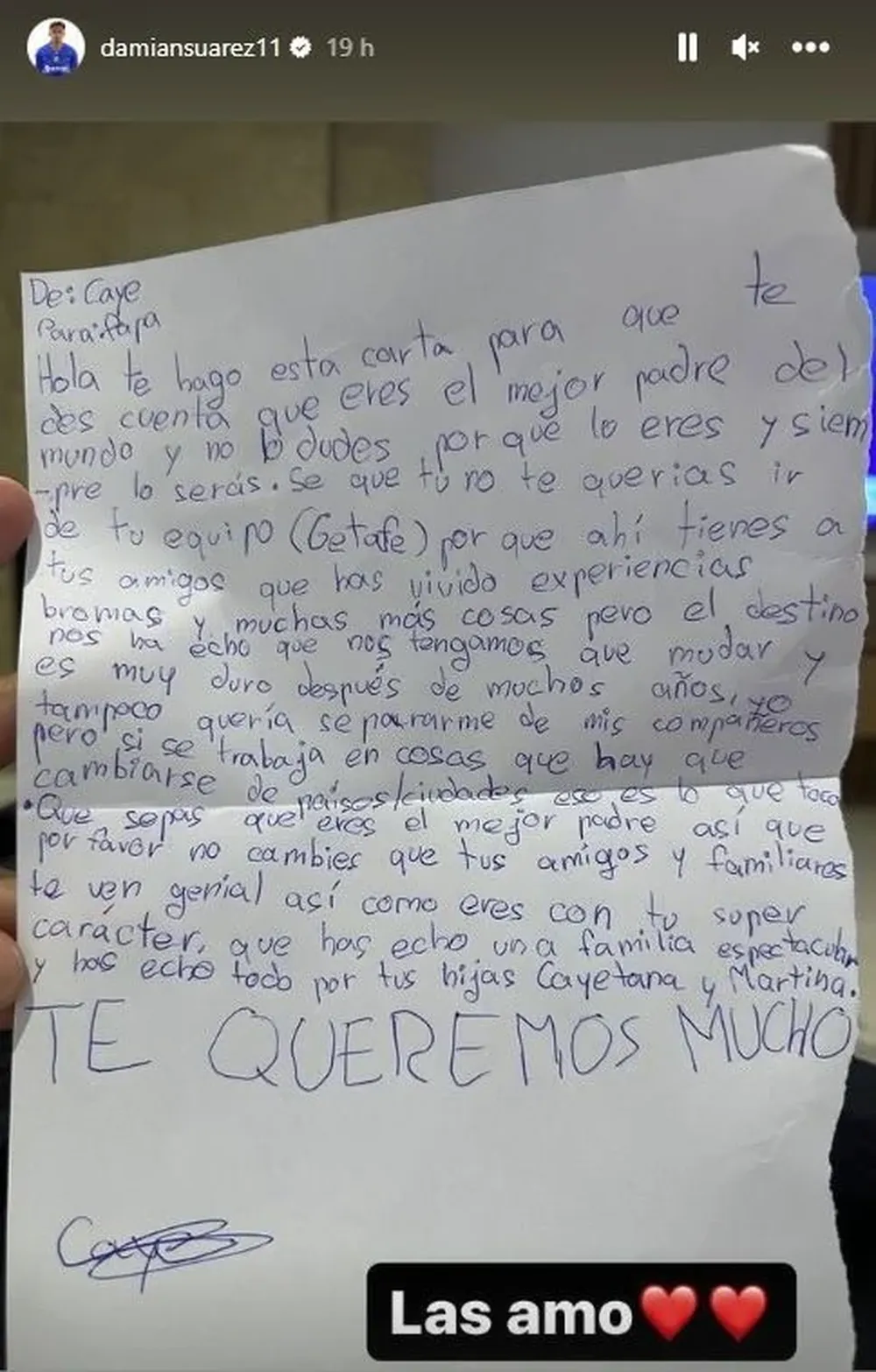 La carta de la hija de Damián Suárez