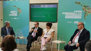 Manuel Pulgar Vidal, ex ministro de Ambiente de Perú y presidente de la COP20; Lloyd Day, Subdirector General del IICA; Ángela Penagos, presidenta del Fondo para el Financiamiento del Sector Agropecuario de Colombia (FINAGRO) y Máximo Torero, Economista jefe de FAO.