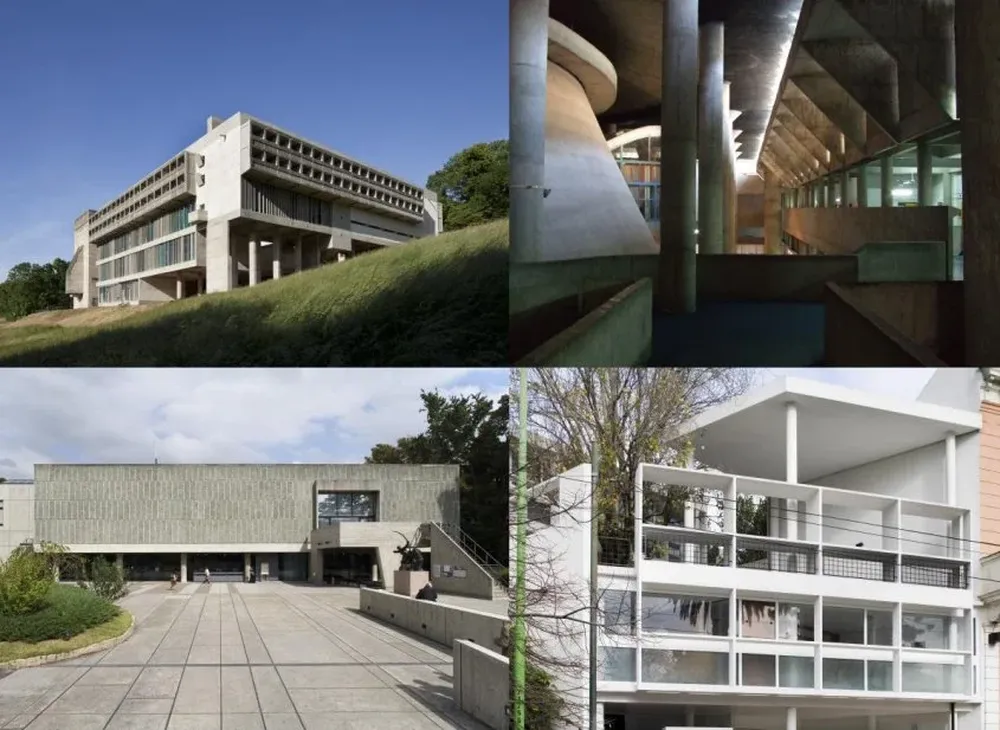 De izquierda a derecha, de arriba a abajo: Convento Sainte-Marie de la Tourette (Francia, 1953), Complejo de Capitolio (India, 1952), Museo de Arte Occidental (Japón, 1954-1957) y Casa Curutchet (Argentina, 1953)