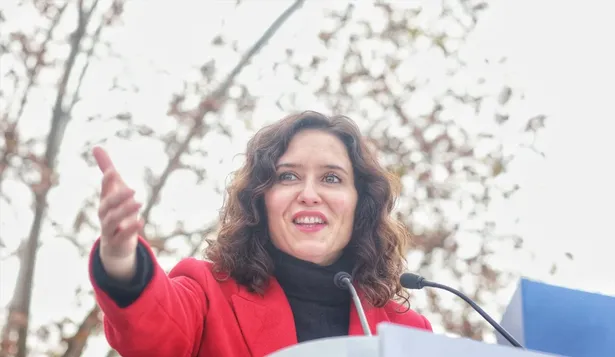 La presidenta de la Comunidad de Madrid, Isabel Díaz Ayuso, interviene durante un acto del PP contra la amnistía, en el Templo de Debod.