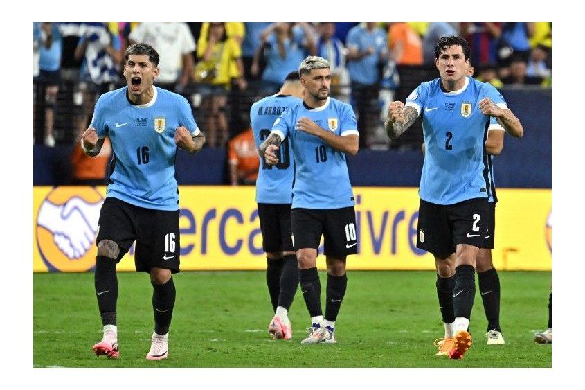 20240707 FBL-COPA AMERICA-2024-URU-BRA Uruguays defender #16 Mathias Olivera, Uruguays midfielder #10 Giorgian De Arrascaeta and Uruguays defender #02 Jose Maria Gimenez celebrate during a penalty shoot-out in the Conmebol 2024 Copa America tournament