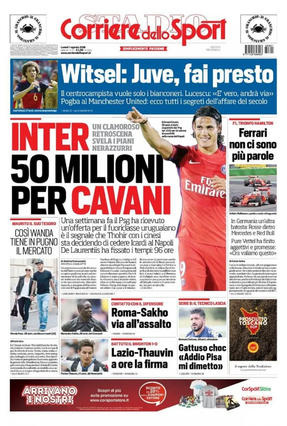 Cavani es el destaque en la tapa de Corriere
