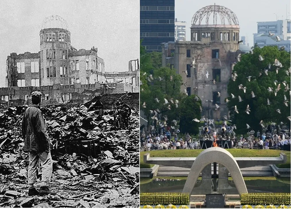Hiroshima tras el bombardeo, y hoy en la conmmemoración
