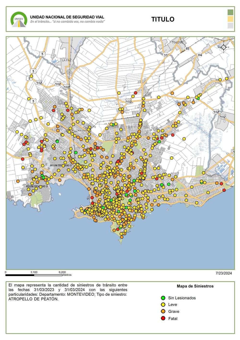Atropellos a peatones en Montevideo entre el 31 de marzo de 2023 y el 31 de marzo de 2024 (día hasta el que hay datos en la web)
