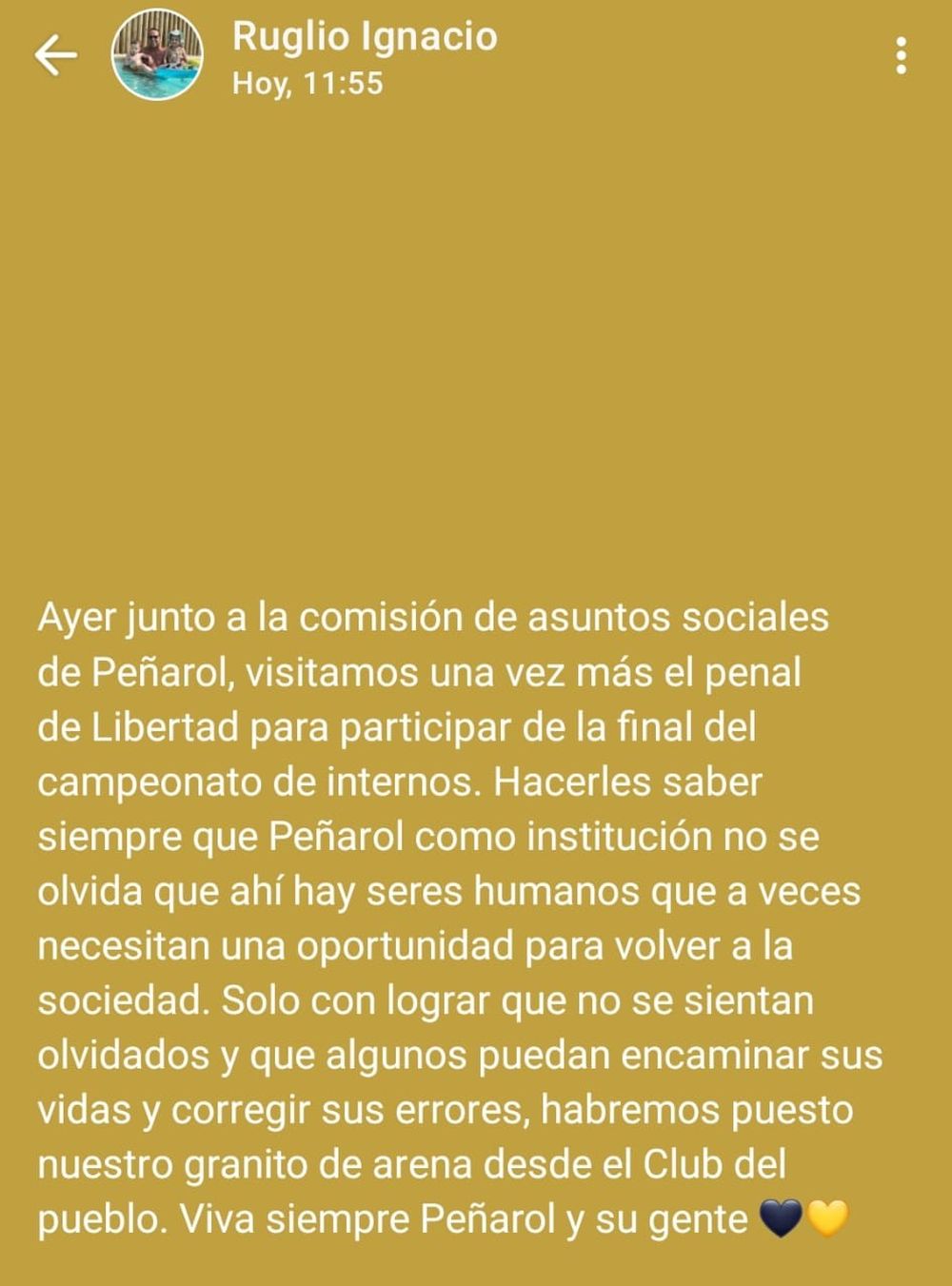 El estado de Whatsapp de Ignacio Ruglio, presidente de Pe&ntilde;arol, en una nueva visita al Penal de Libertad