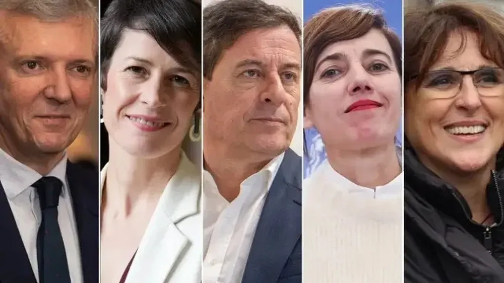 De izquierda a derecha: Alfonso Rueda (PP), Ana Pontón (BNG), José Ramón Gómez Besteiro (PSdeG), Marta Lois (Sumar) e Isabel Faraldo (Podemos)