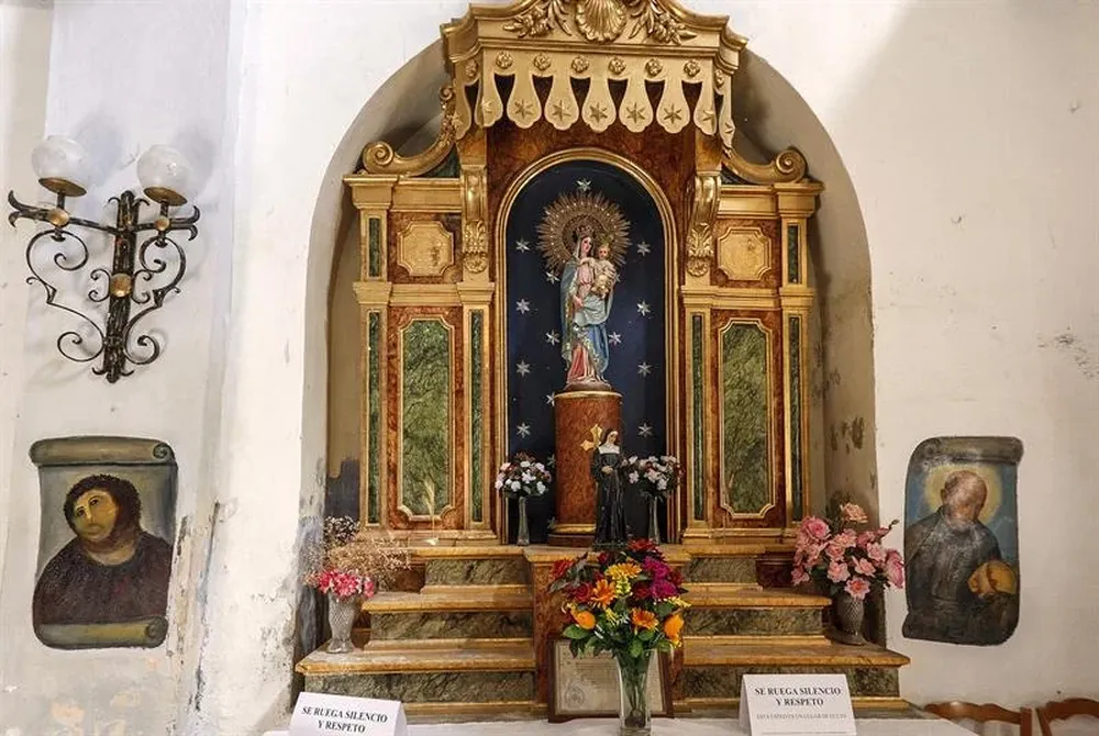 Imagen del estado en que ha quedado la pintura del eccehomo del Santuario de la Misericordia de Borja (Zaragoza)