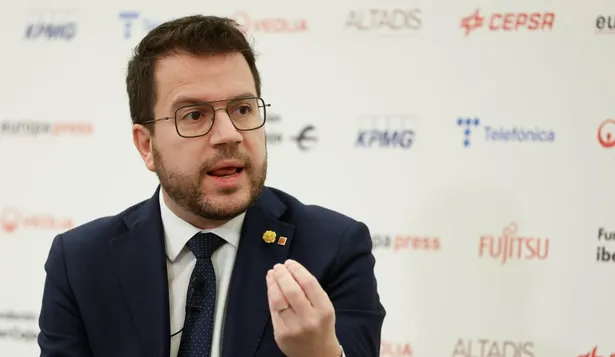 El presidente de la Generalitat de Cataluña, Pere Aragonés, participa en un desayuno informativo, este miércoles en Madrid.