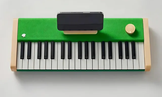 El Loog x Duolingo incluye tarjetas didácticas para principiantes, teclas sensibles a la velocidad, batería, altavoces integrados, y conectores USB-C para auriculares
