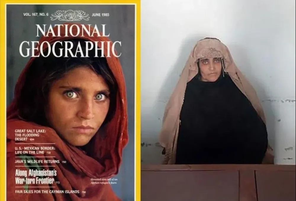 A la izquierda, la portada de National Geographic de 1985 con la foto de Steve McCurry; a la derecha, la imagen del arresto de este miércoles (AFP)