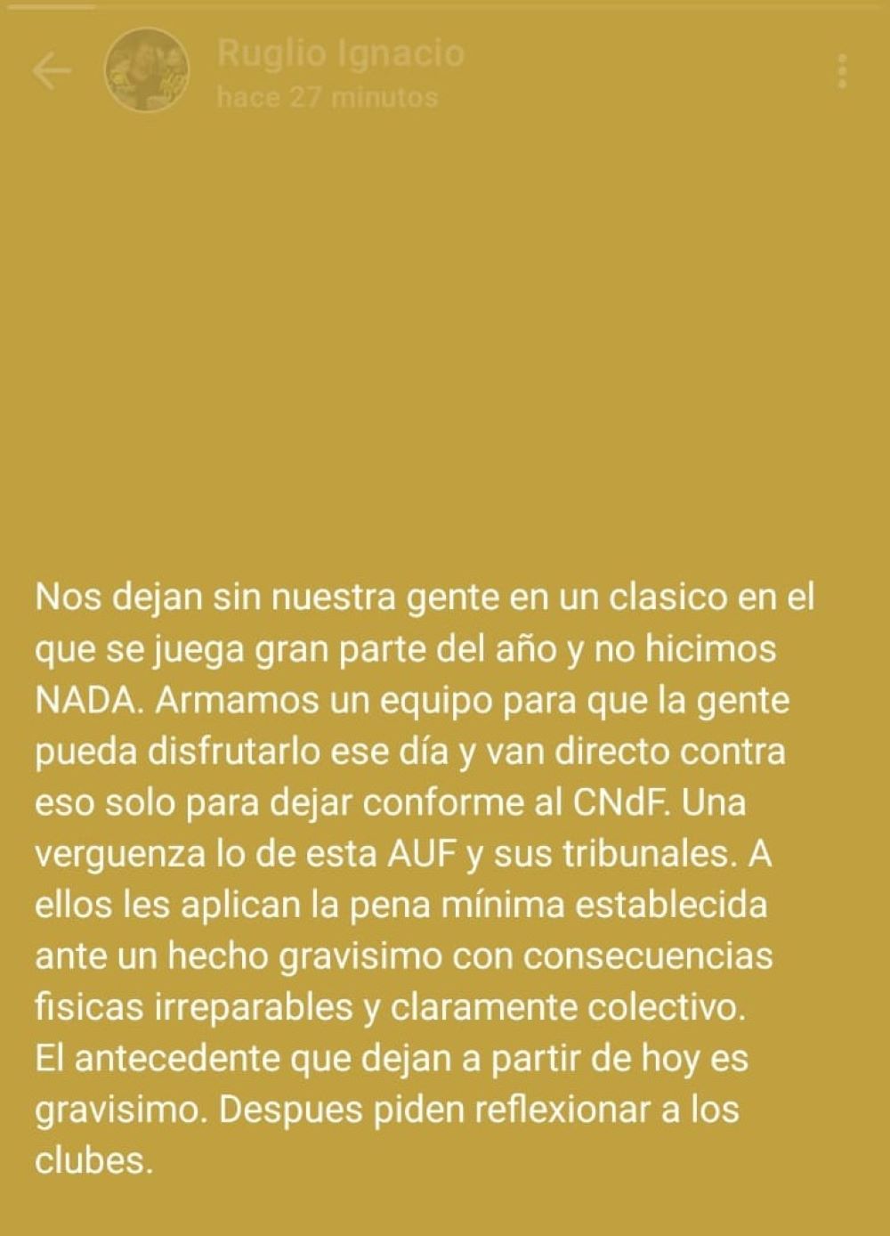 Lo que escribió Ignacio Ruglio, presidente de Peñarol, en su estado de Whatsapp, tras conocerse el fallo por los graves incidentes del clásico ante Nacional por el Torneo Intermedio Lo que escribió Ignacio Ruglio, presidente de Peñarol, en su estado de Whatsapp, tras conocerse el fallo por los graves incidentes del clásico ante Nacional por el Torneo Intermedio