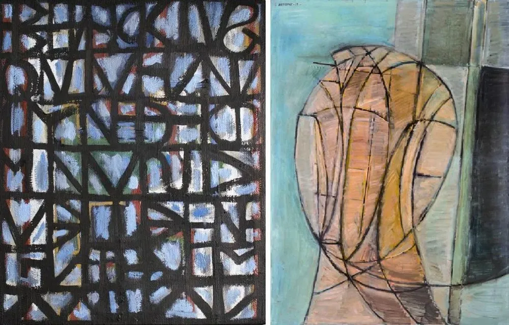 Neuma en azul, un óleo sobre arpillera de Marcelo Larrosa y Ls, un óleo sobre tela de Gabriel Brozzone