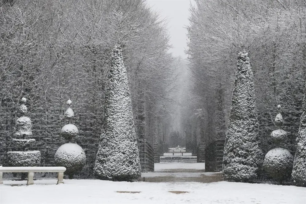 Los jardines del Palacio de Versalles, en Francia, pintados de blanco