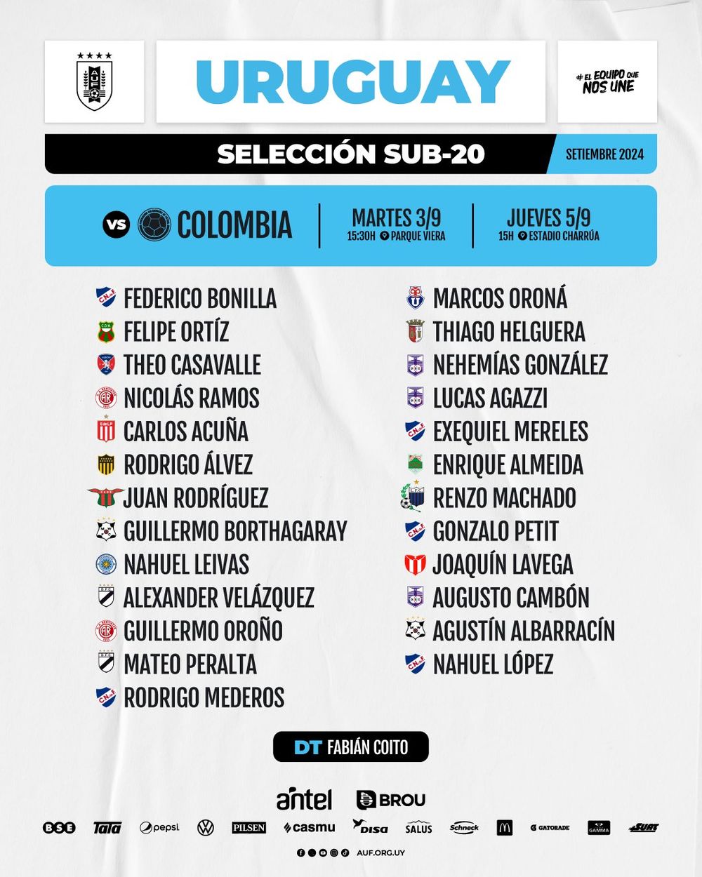 Los convocados de Uruguay vs Colombia