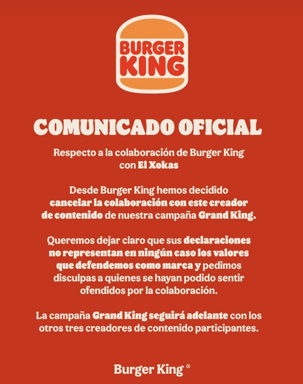 El comunicado oficial de Burger King sobre El Xokas. 