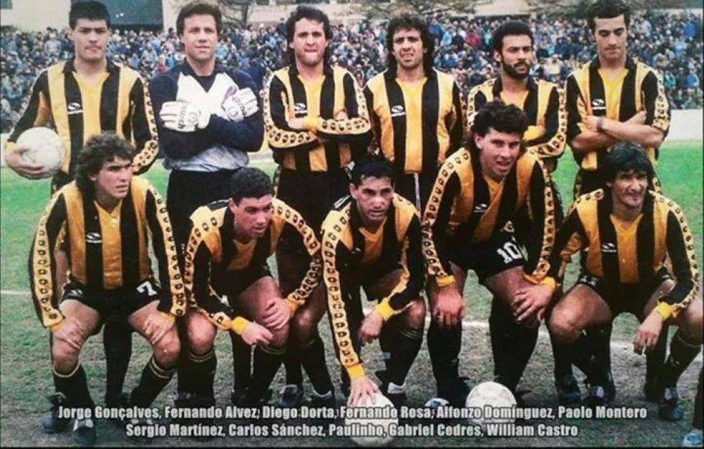 Peñarol 1991: arriba, Jorge Goncalves, Fernando Álvez, Diego Dorta, Fernando Rosa, Alfonso Domínguez y Paolo Montero; abajo, Sergio Martínez, Carlos Sánchez, Paulinho, Gabriel Cedrés y William Castro