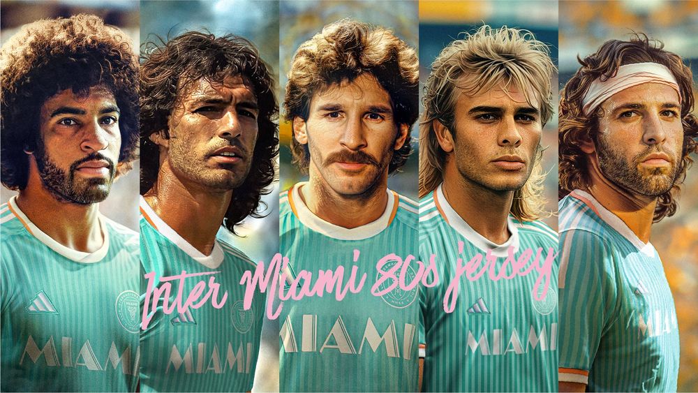 Luis Su&aacute;rez, el segundo desde la izquierda, Lionel Messi a su lado, y Jordi Alba como &uacute;ltimo a la derecha, con el look ochentoso con la nueva camiseta de Inter Miami
