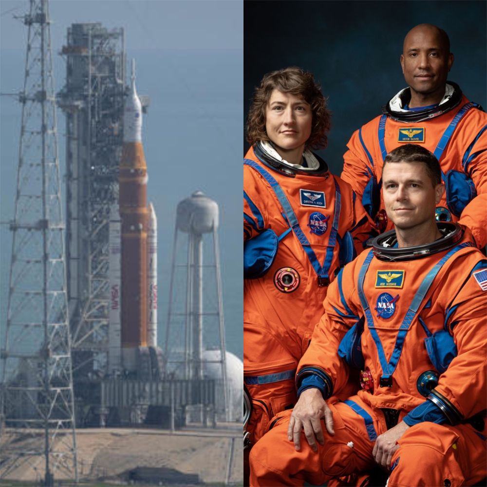 A la izquierda la nave de Artemis II que llevará a los cuatro astronautas a la Luna