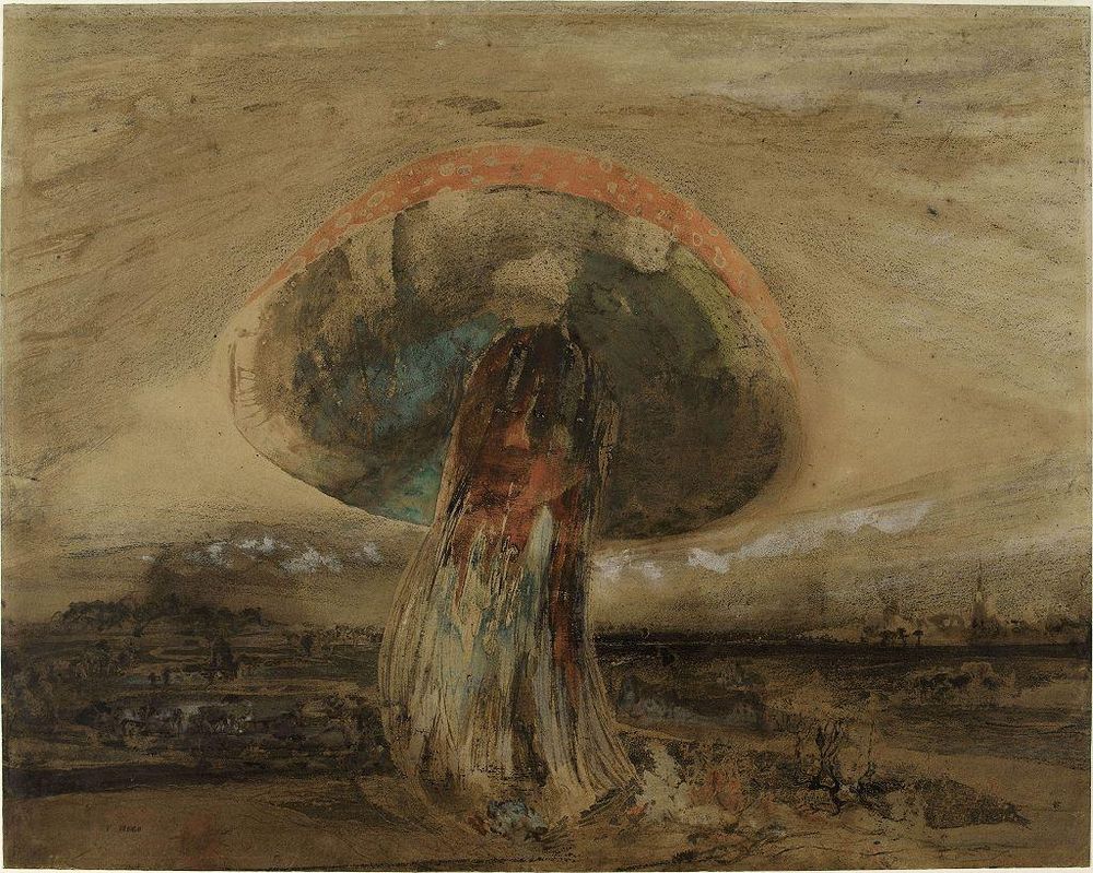 Algunos dibujos de Hugo son inquietantes: si observas de cerca este colosal y enigmático hongo, que se alza imponente sobre un paisaje desolado, verás un rostro en su tallo.