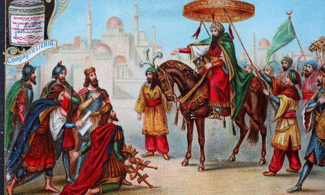 Harun al-Rashid sobre un caballo recibe a los representantes de Carlomagno.