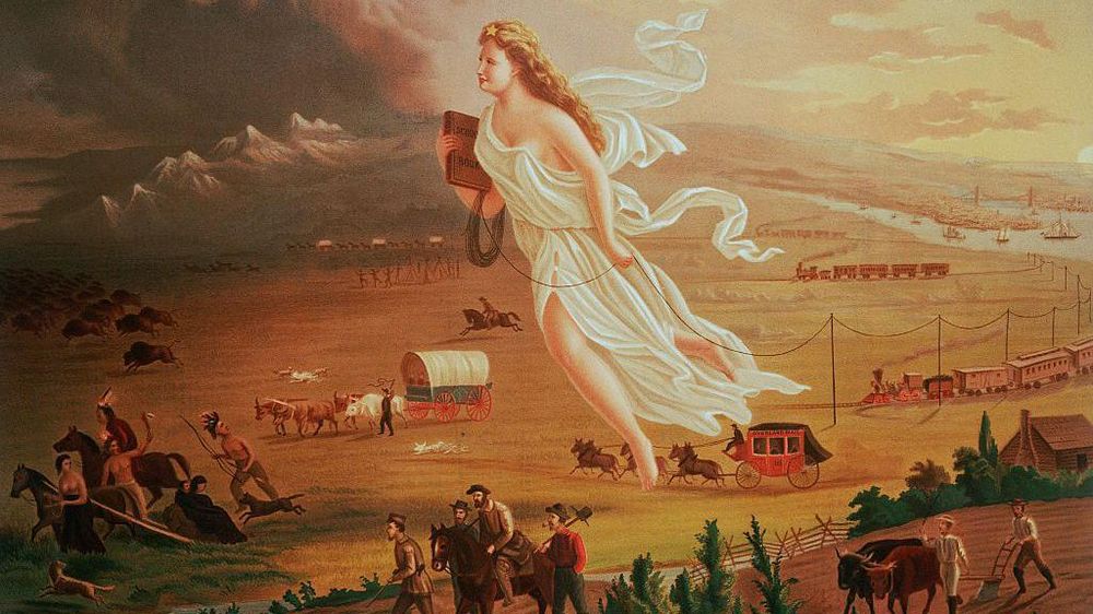 Una mujer con una túnica blanca es el símbolo del "Destino Manifiesto".