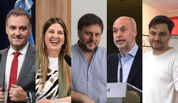 Los candidatos para las elecciones porteñas: Manuel Adorni (LLA), Silvia Lospennato (PRO), Leandro Santoro (PJ), Horacio Rodríguez Larreta (MAD) y Ramiro Marra (UCeDe).