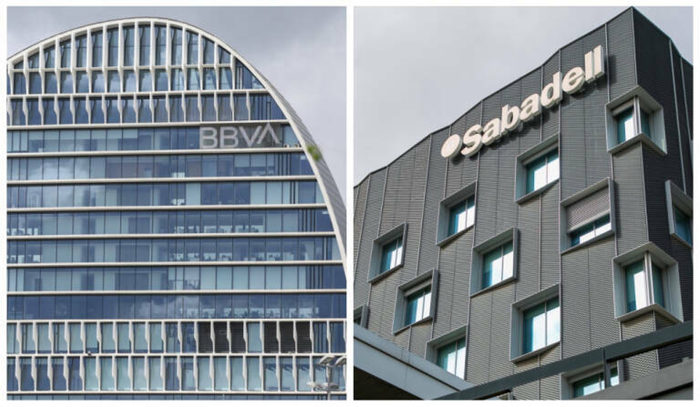 Los edificios de los bancos BBVA y el Sabadell.